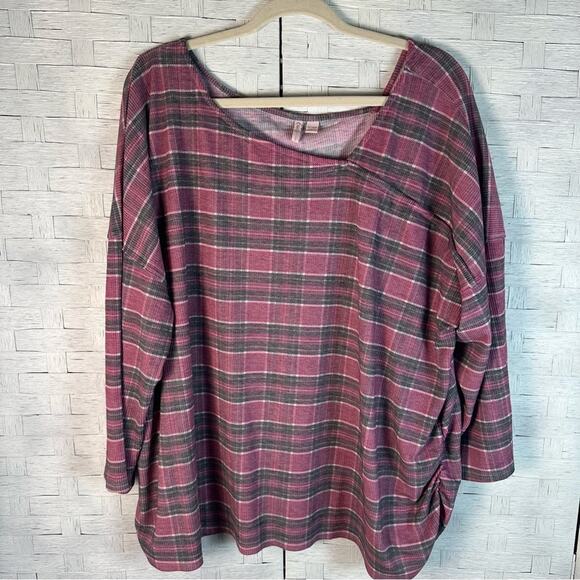 CATO plaid square neck waffle fabric ruched side pink & gray 3/4sleeve plus size - Picture 1 of 10